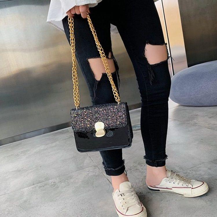 Glitter Magnetic Buckle PU Leather Chain Single Shoulder Bag Ladies Handbag Messenger Bag (Black)