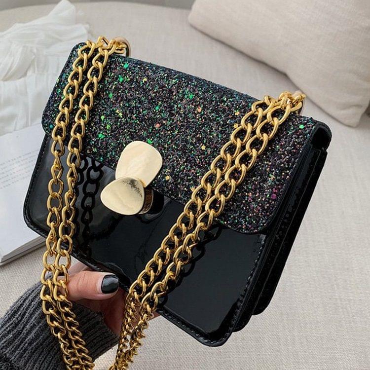 Glitter Magnetic Buckle PU Leather Chain Single Shoulder Bag Ladies Handbag Messenger Bag (Black)