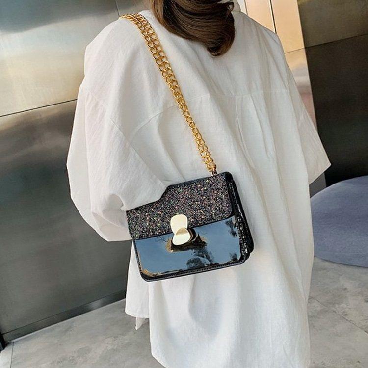 Glitter Magnetic Buckle PU Leather Chain Single Shoulder Bag Ladies Handbag Messenger Bag (Black)