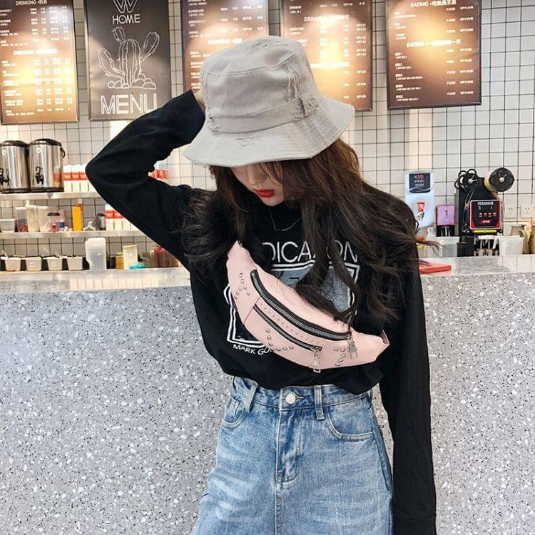 Fashion Rivet PU Single Shoulder Bag Zipper Ladies Messenger Bag Chest Waist Pockets Bag (Pink)