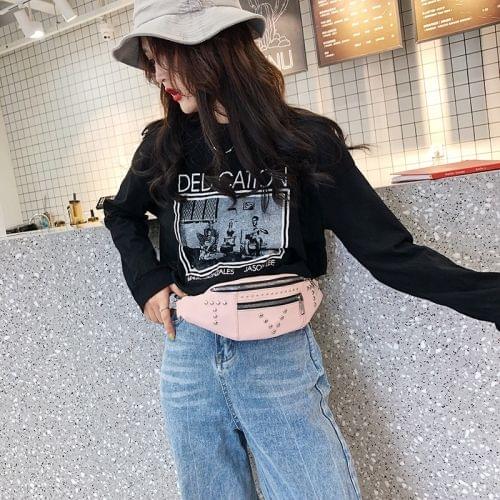 Fashion Rivet PU Single Shoulder Bag Zipper Ladies Messenger Bag Chest Waist Pockets Bag (Pink)