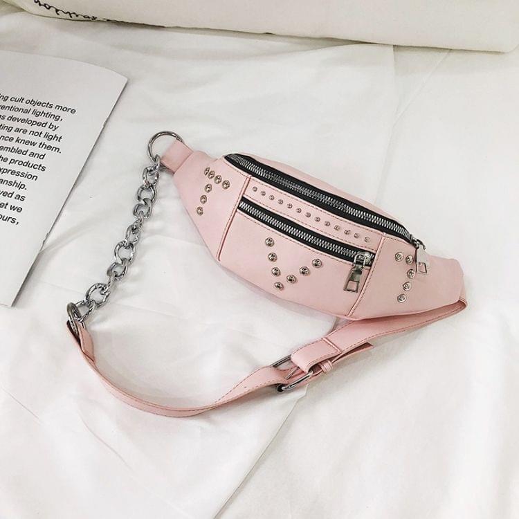 Fashion Rivet PU Single Shoulder Bag Zipper Ladies Messenger Bag Chest Waist Pockets Bag (Pink)