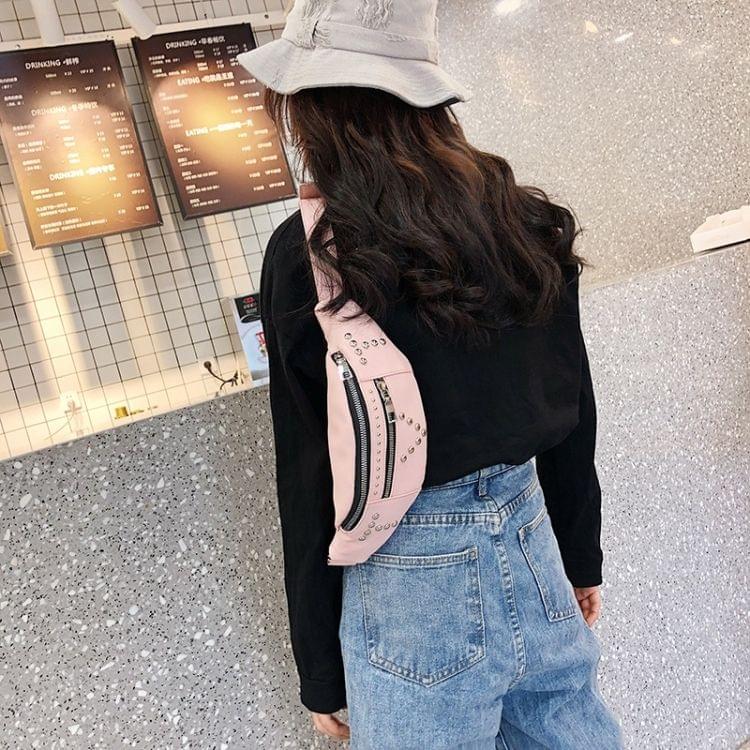 Fashion Rivet PU Single Shoulder Bag Zipper Ladies Messenger Bag Chest Waist Pockets Bag (Pink)