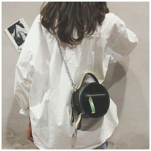 Round PU Leather Chain-strap Single Shoulder Bag Ladies Handbag Messenger Bag (Black)