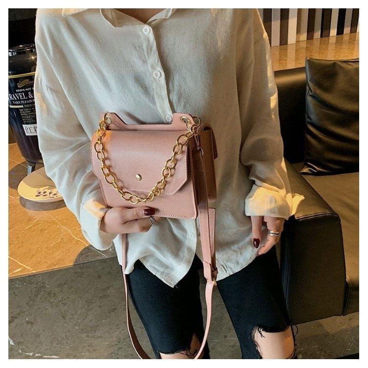 Dual-side Pressed Buckle Chain-handle PU Leather Single Shoulder Bag Ladies Handbag Messenger Bag (Pink)