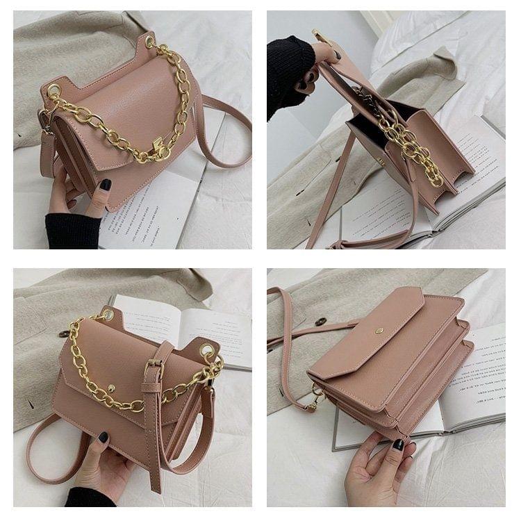 Dual-side Pressed Buckle Chain-handle PU Leather Single Shoulder Bag Ladies Handbag Messenger Bag (Pink)