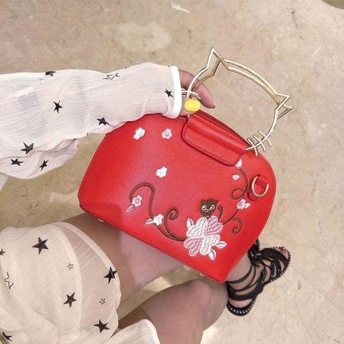 Cat Shaped Embroidery Printing Shoulder Bag Casual Handbag Female Bag Messenger Bag (Red)