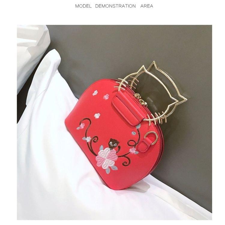 Cat Shaped Embroidery Printing Shoulder Bag Casual Handbag Female Bag Messenger Bag (Red)