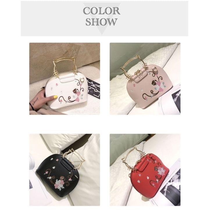Cat Shaped Embroidery Printing Shoulder Bag Casual Handbag Female Bag Messenger Bag (Red)