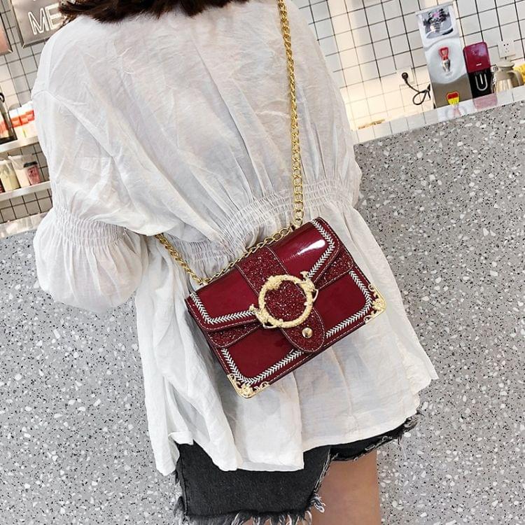 Glitter Sequin PU Shoulder Bag Small Square Bag Ladies Handbag Messenger Bag (Red)