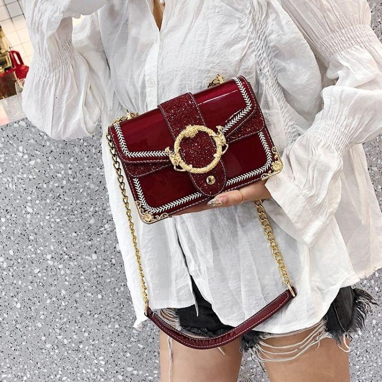 Glitter Sequin PU Shoulder Bag Small Square Bag Ladies Handbag Messenger Bag (Red)