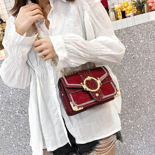 Glitter Sequin PU Shoulder Bag Small Square Bag Ladies Handbag Messenger Bag (Red)