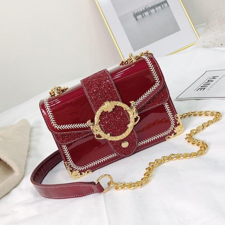 Glitter Sequin PU Shoulder Bag Small Square Bag Ladies Handbag Messenger Bag (Red)