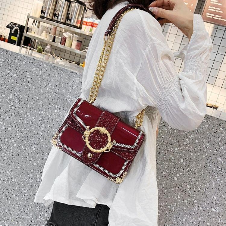 Glitter Sequin PU Shoulder Bag Small Square Bag Ladies Handbag Messenger Bag (Red)