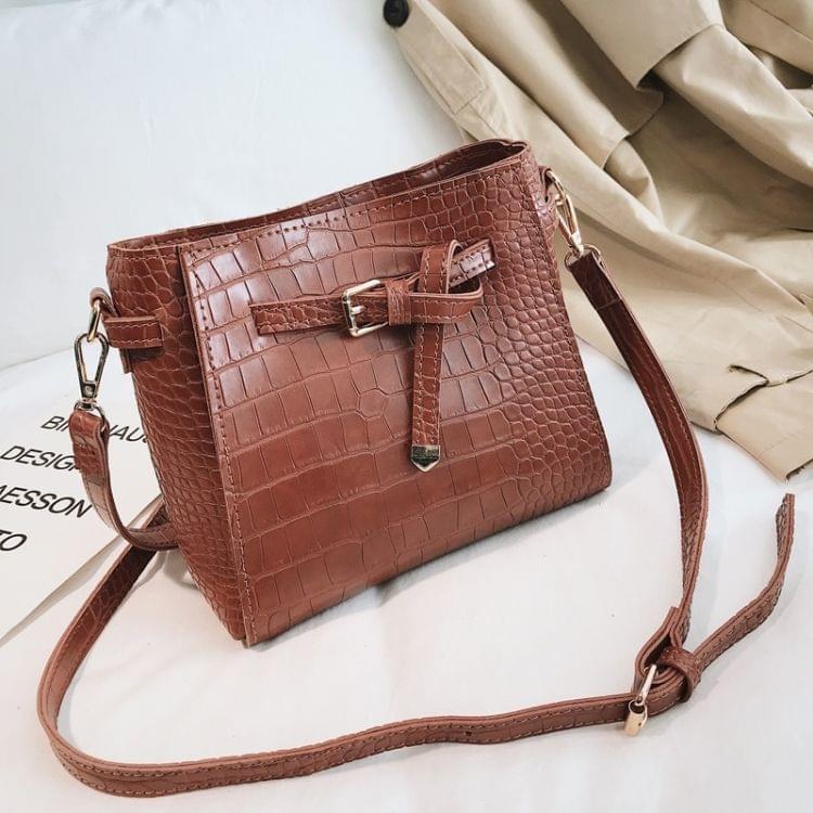 Crocodile Bucket Bag PU Leather Single Shoulder Bag Ladies Handbag Messenger Bag (Brown)