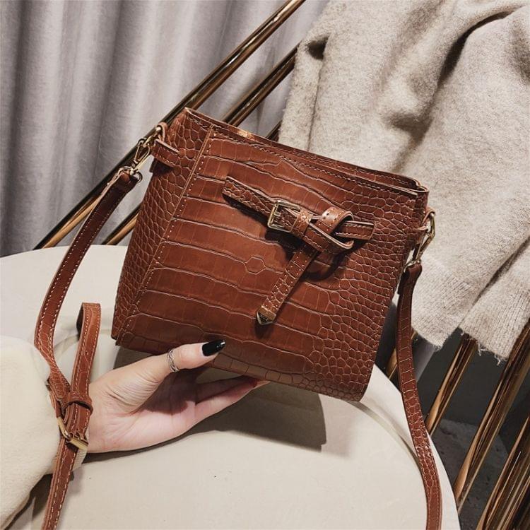 Crocodile Bucket Bag PU Leather Single Shoulder Bag Ladies Handbag Messenger Bag (Brown)