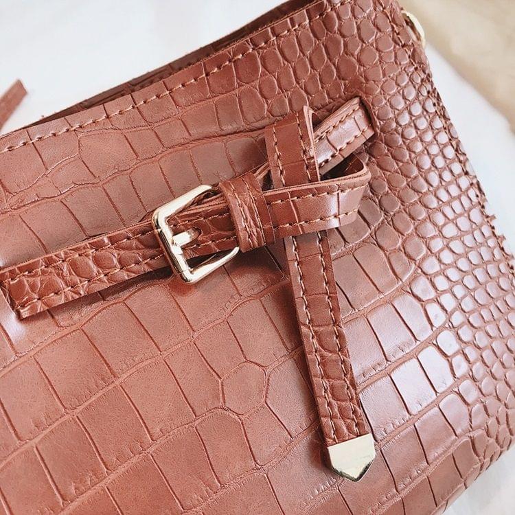 Crocodile Bucket Bag PU Leather Single Shoulder Bag Ladies Handbag Messenger Bag (Brown)