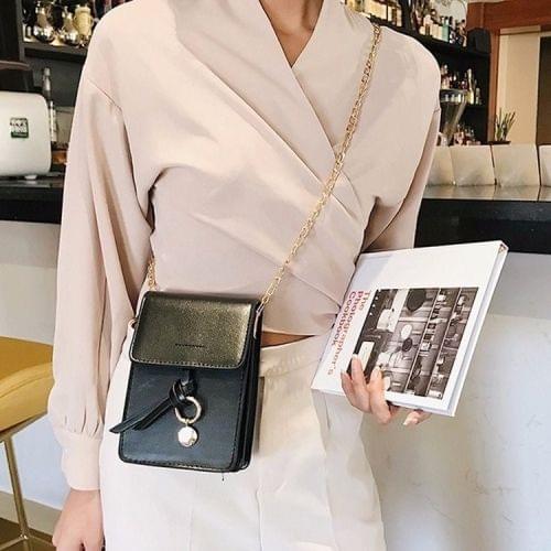 PU Chain-strap Single Shoulder Bag Cellphone Bag Ladies Messenger Bag (Black)