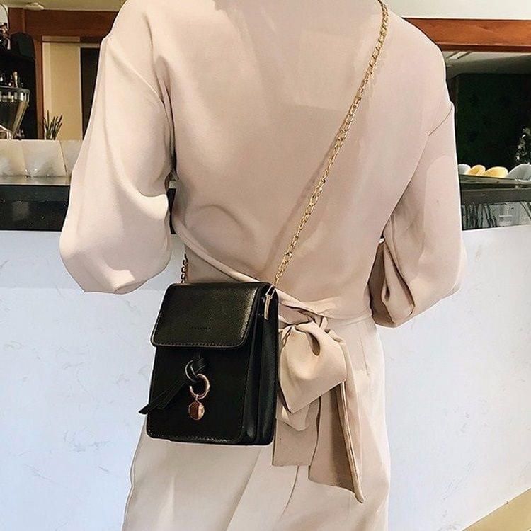 PU Chain-strap Single Shoulder Bag Cellphone Bag Ladies Messenger Bag (Black)