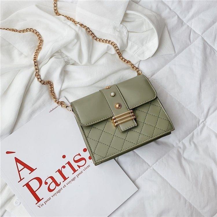 Rhombus Texture Double Magnetic Buckles Pearl PU Leather Chain Single Shoulder Bag Ladies Handbag Messenger Bag (Green)