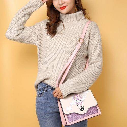 Balloon Embroidered Hot Air Balloon and Cat Glitter PU Leather Single Shoulder Crossbody Bag Ladies Handbag (Pink)