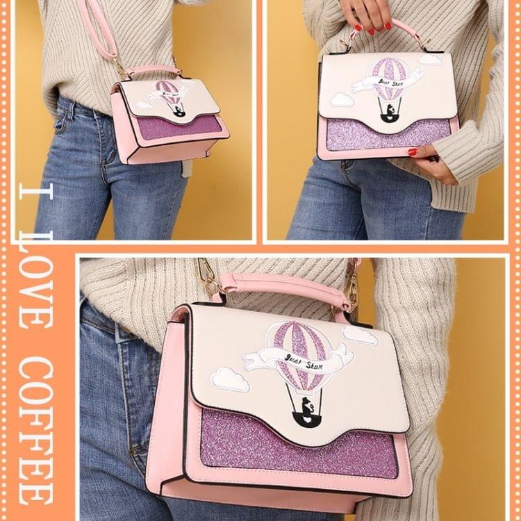 Balloon Embroidered Hot Air Balloon and Cat Glitter PU Leather Single Shoulder Crossbody Bag Ladies Handbag (Pink)