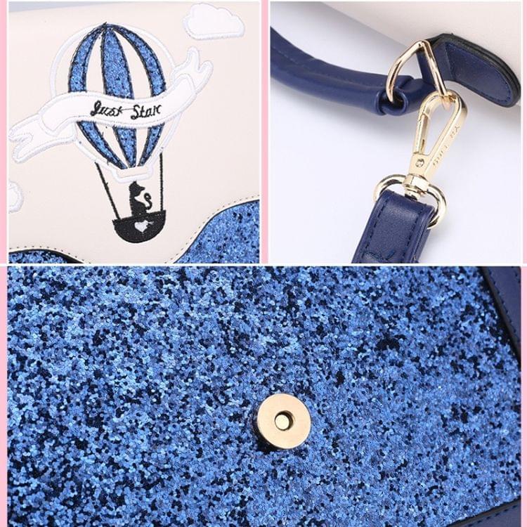 Balloon Embroidered Hot Air Balloon and Cat Glitter PU Leather Single Shoulder Crossbody Bag Ladies Handbag (Pink)