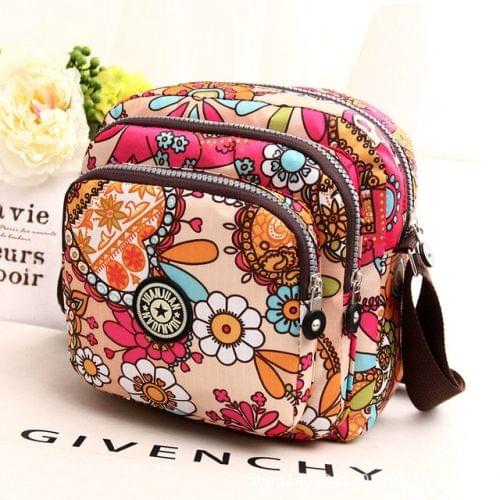 Women Shoulder Bag Waterproof Nylon Handbag Multilayer Crossbody Bag(Dream safflower)