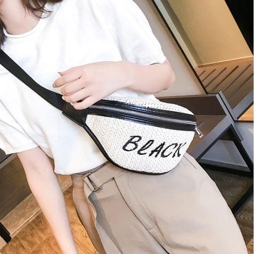 Fashion Weaving Straw Color Letter PU Single Shoulder Bag Zipper Messenger Bag Waist Sports Chest Pockets Bag (Black)