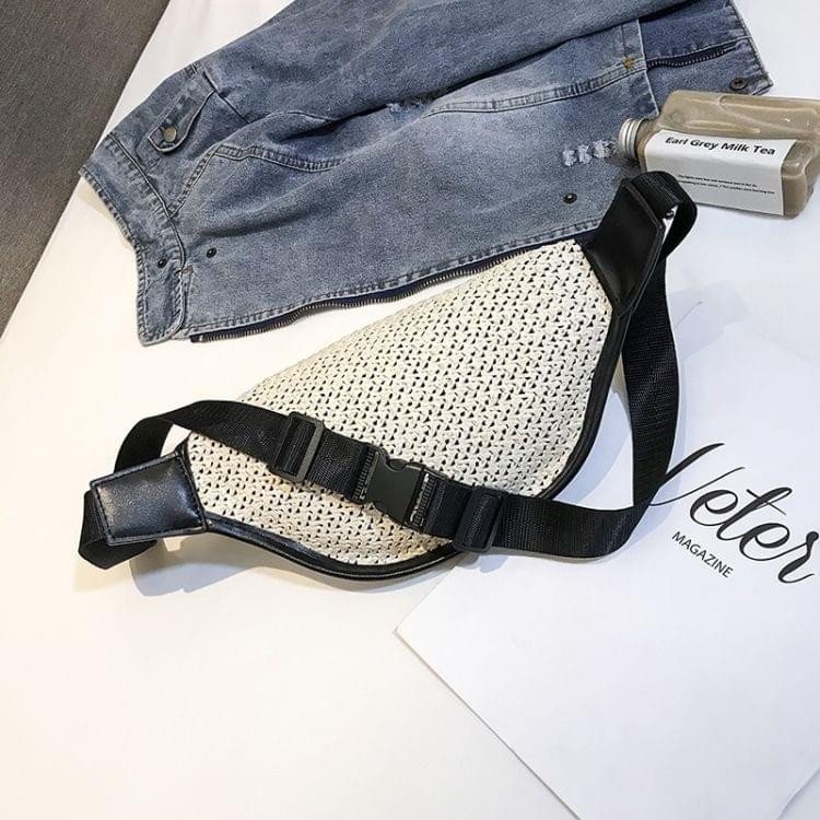 Fashion Weaving Straw Color Letter PU Single Shoulder Bag Zipper Messenger Bag Waist Sports Chest Pockets Bag (Black)