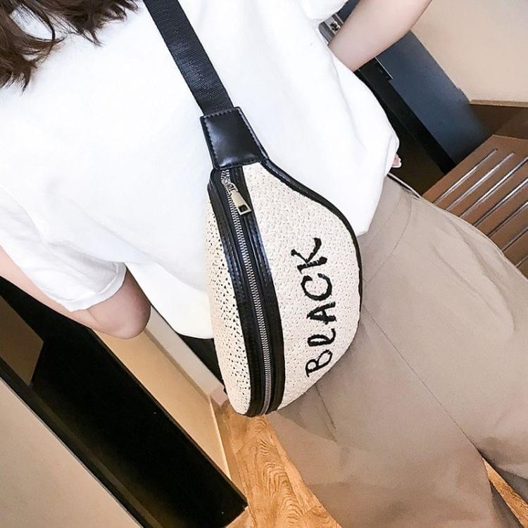Fashion Weaving Straw Color Letter PU Single Shoulder Bag Zipper Messenger Bag Waist Sports Chest Pockets Bag (Black)