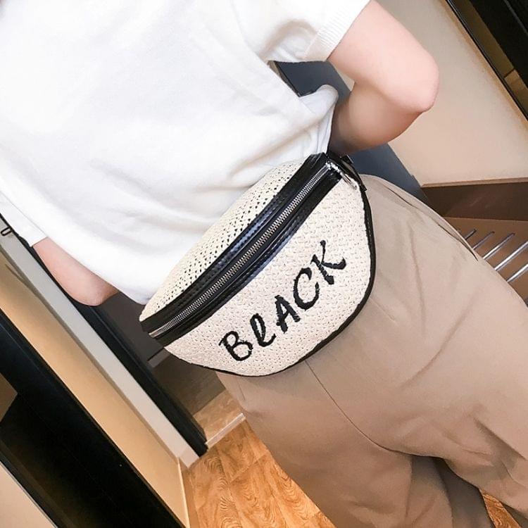 Fashion Weaving Straw Color Letter PU Single Shoulder Bag Zipper Messenger Bag Waist Sports Chest Pockets Bag (Black)
