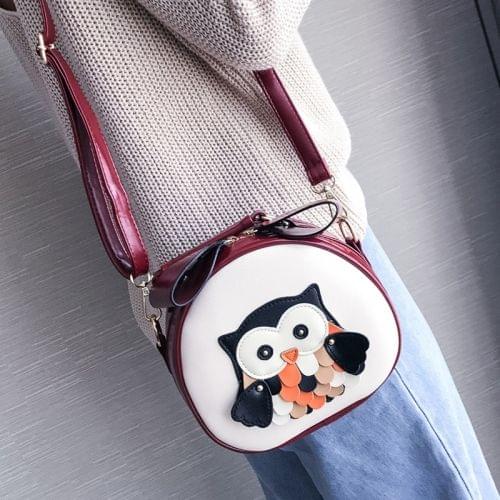Owl Pattern Contrast Color Patent PU Leather Shoulder Bag Messenger Bag Ladies Handbag Small Round Bag (Wine Red)