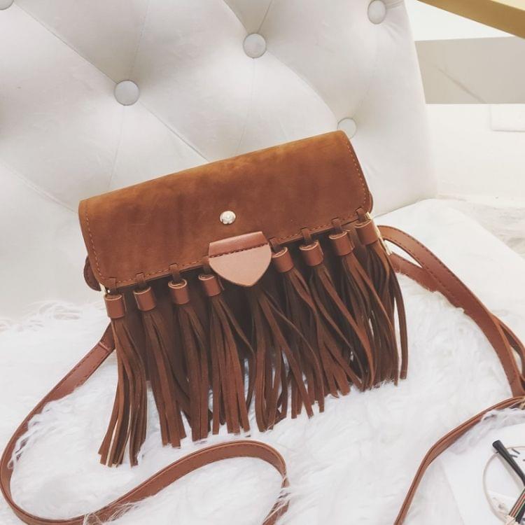 Matte PU Leather Tassel Single Shoulder Bag Ladies Handbag Messenger Bag (Brown)