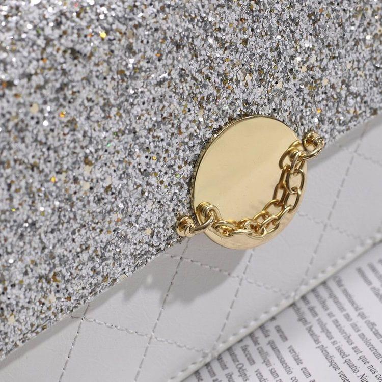 Magnetic Buckle Rhombus Texture Sequin Color Matching PU Leather Chain Single Shoulder Bag Ladies Handbag Messenger Bag (White)