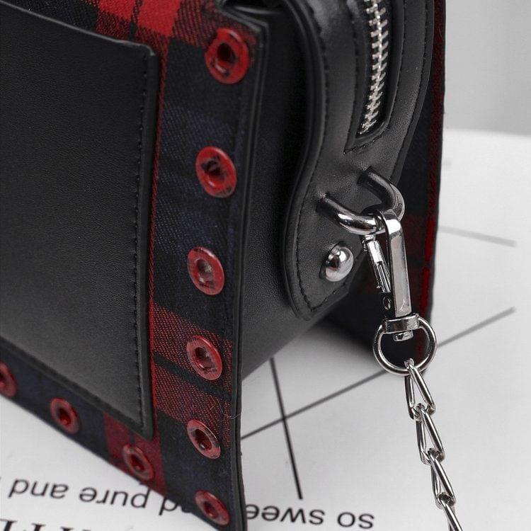 Plaid Holes Side PU Leather Chain Single Shoulder Bag Ladies Handbag Messenger Bag (Black)