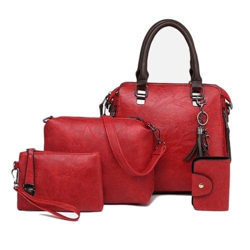 4 in 1 Crazy Horse Texture PU Leather Shoulder Bag Ladies Handbag Messenger Bag with Tassel (Red)