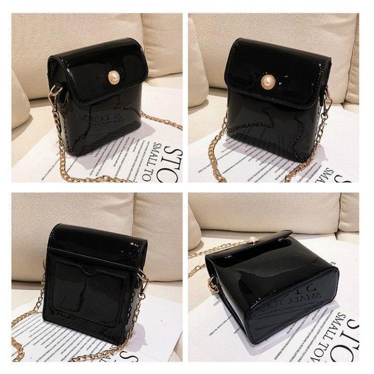 Pearl Buckle Smooth Surface PU Leather Single Shoulder Bag Ladies Messenger Handbag (Black)
