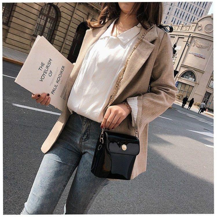 Pearl Buckle Smooth Surface PU Leather Single Shoulder Bag Ladies Messenger Handbag (Black)