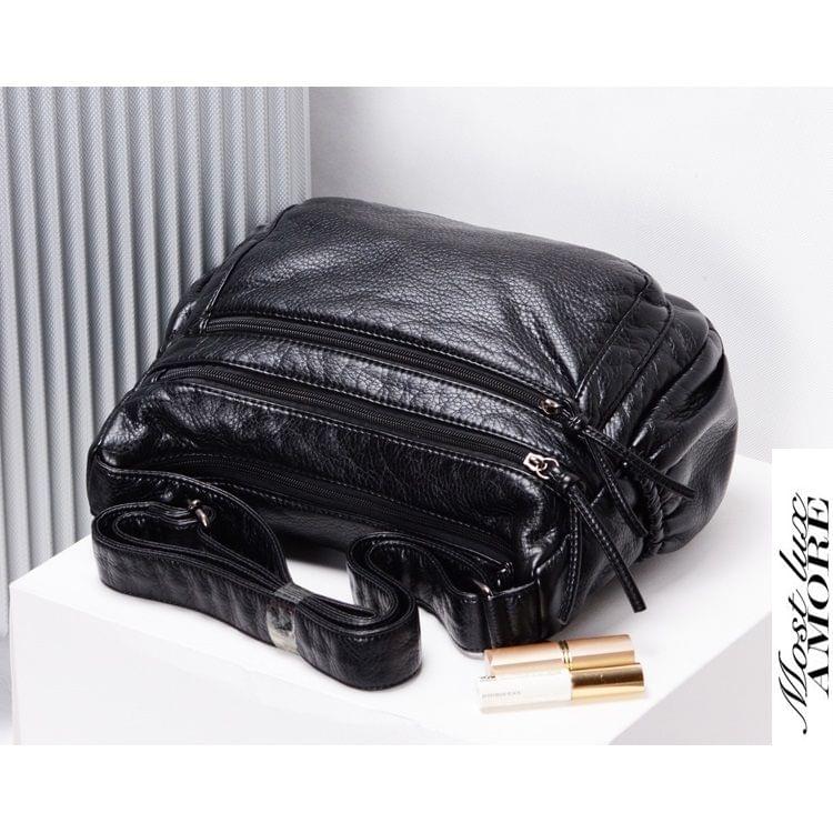 Solid Color PU Shoulder Bag Ladies Messenger Bag Soft Backpack Travel Bag (Black)