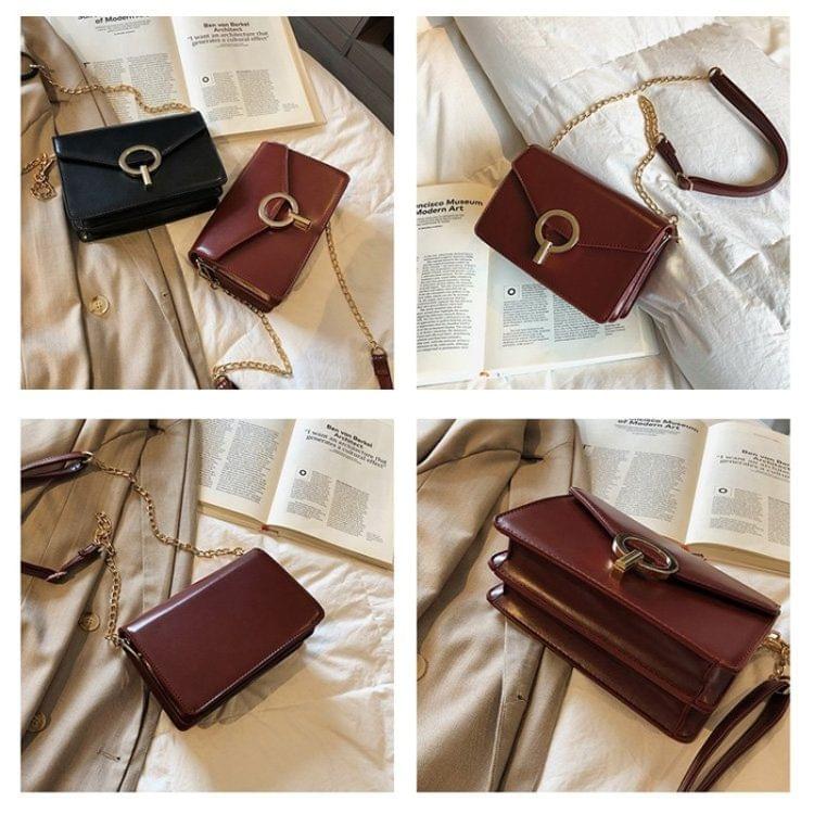 Metal Lock Small Square Bag PU Leather Single Shoulder Bag Ladies Handbag Messenger Bag (Black)