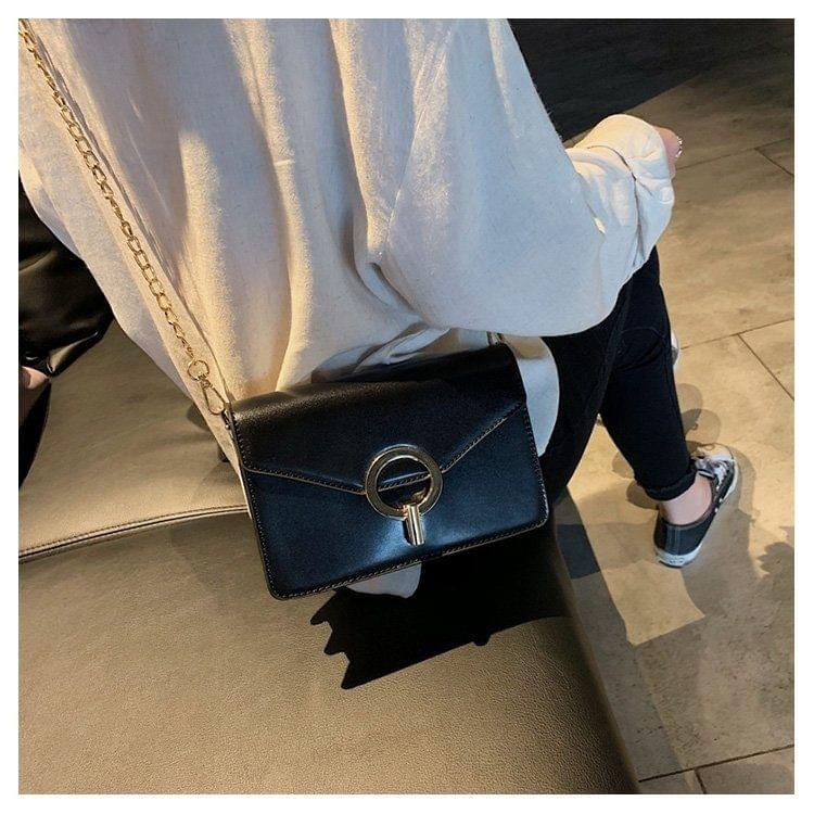 Metal Lock Small Square Bag PU Leather Single Shoulder Bag Ladies Handbag Messenger Bag (Black)
