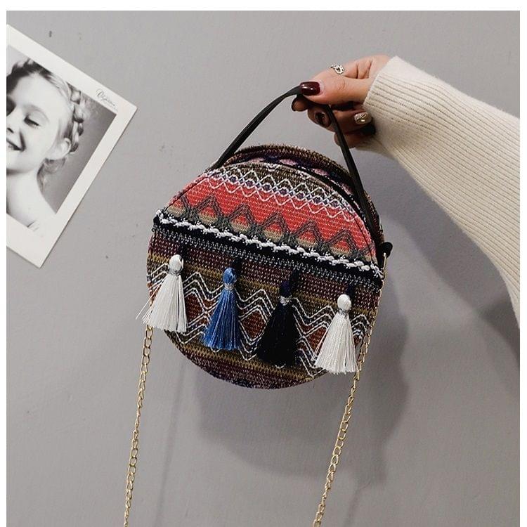 Bohemian Tassel Single Shoulder Bag Ladies Small Round Bag Messenger Bag Handbag (Purple)
