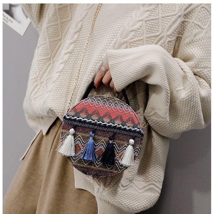 Bohemian Tassel Single Shoulder Bag Ladies Small Round Bag Messenger Bag Handbag (Purple)