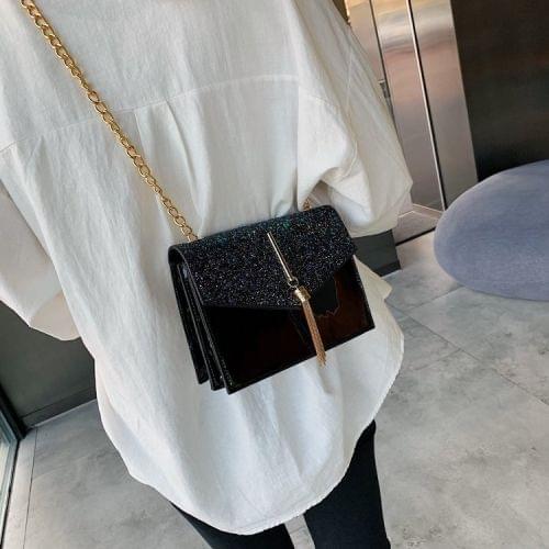 Glitter Tassel PU Leather Chain Single Shoulder Bag Ladies Handbag Messenger Bag (Black)