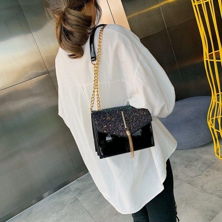 Glitter Tassel PU Leather Chain Single Shoulder Bag Ladies Handbag Messenger Bag (Black)