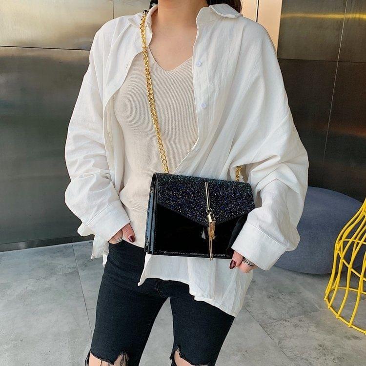 Glitter Tassel PU Leather Chain Single Shoulder Bag Ladies Handbag Messenger Bag (Black)
