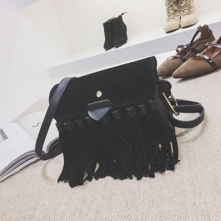 Matte PU Leather Tassel Single Shoulder Bag Ladies Handbag Messenger Bag (Black)