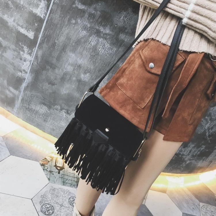 Matte PU Leather Tassel Single Shoulder Bag Ladies Handbag Messenger Bag (Black)
