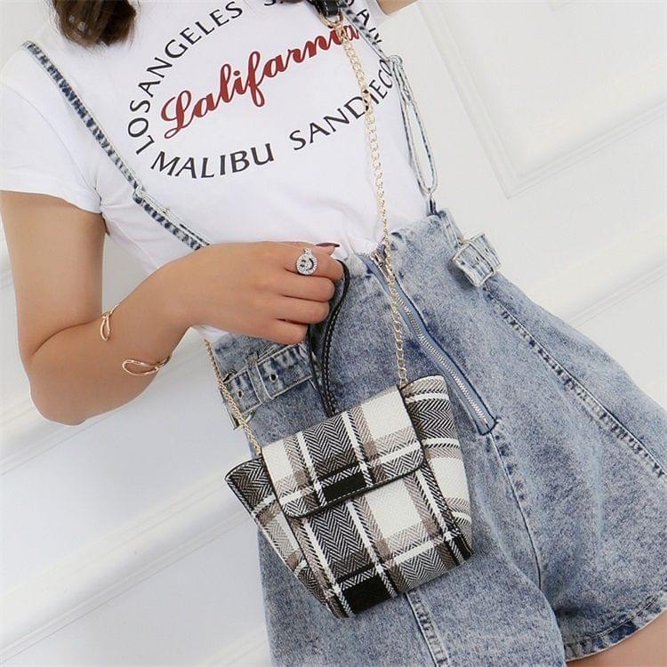 Plaid Texture Leisure Fashion PU Leather Chain Slant Shoulder Bag Handbag (Black)